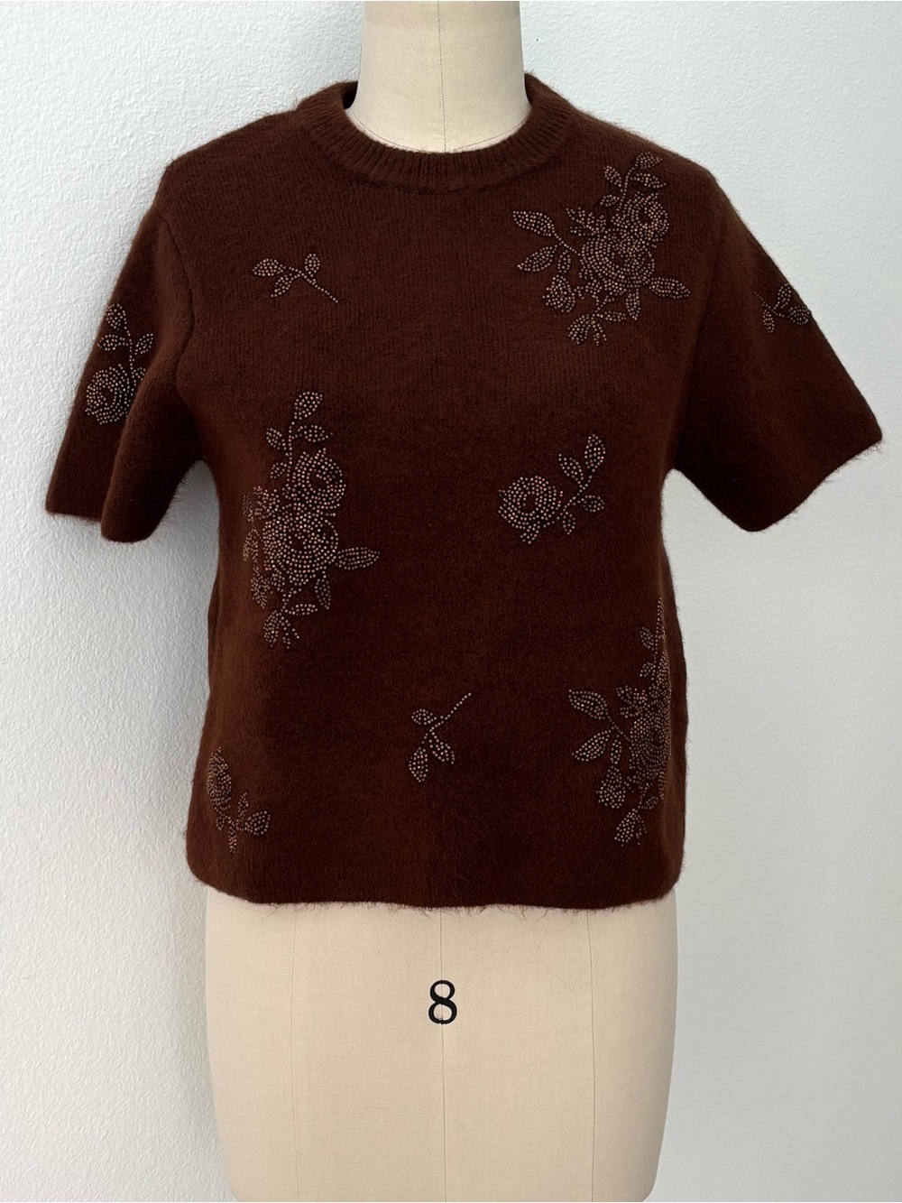 Zara Embellished Floral Beaded Sweater NWT Short Sleeve Crew Neck Quiet Luxury L